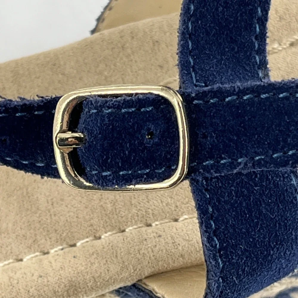 Lands End Espadrille Sandal Womens 7 Wedge Slingback Open Toe Blue Suede Chevron